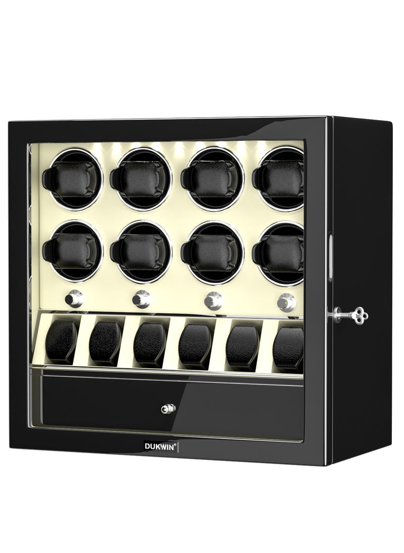 DUKWIN Watch Winder for 8 Automatic Watches with 6 Extra Watches Storage, White LED Light, 4 Rotation Modes, key lock and Jewelry Drawer for Men and Women