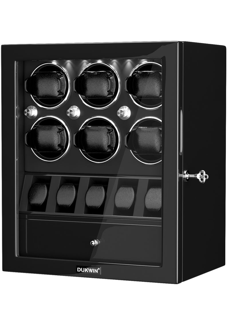 DUKWIN Watch Winder for 6 Automatic Watches with 5 Extra Watches Storage, White LED Light, 4 Rotation Modes, key lock and Jewelry Drawer for Men and Women