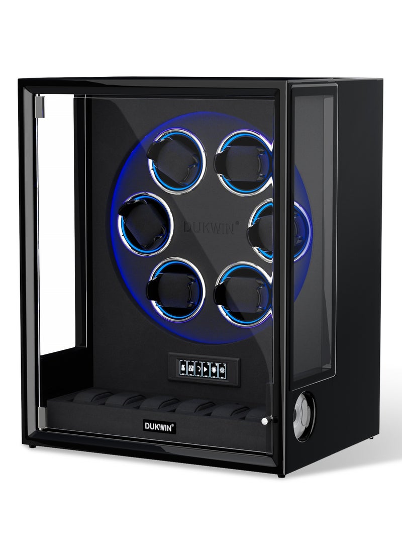 DUKWIN Fingerprint Lock Watch Winder for 6 Automatic Watches with 6 Watch Holders,  8 TPD, LCD Display, Adjustable Watch Winder and LED RGB Light for Men and Women,