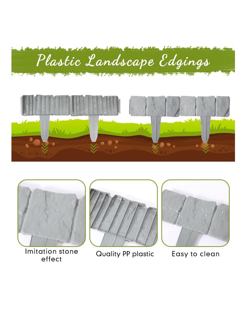 Garden Edging Border, 25 Pcs Garden Landscape Edging Borders, Plastic Garden Fence Edging, Interlocking Landscaping Edging, Imitation Stone Effect Grey Fence, for DIY Outdoor Patio Balcony Yard