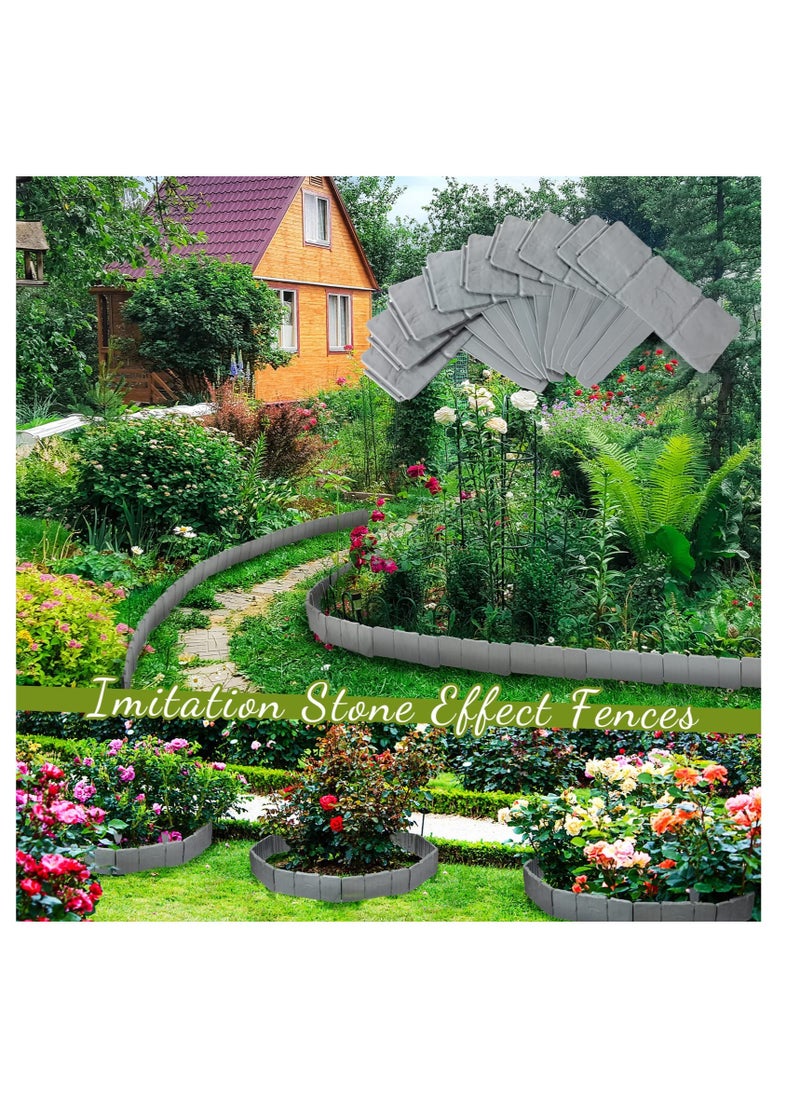 Garden Edging Border, 25 Pcs Garden Landscape Edging Borders, Plastic Garden Fence Edging, Interlocking Landscaping Edging, Imitation Stone Effect Grey Fence, for DIY Outdoor Patio Balcony Yard