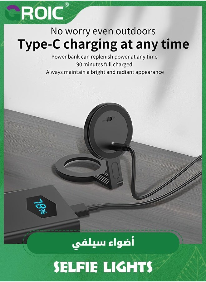 Black 2-in-1 Portable Magnetic Phone Selfie Light and Stand, 3 Modes Color LED Fill Light，Ring Light Included Sticky Ring, for Phone, iPhone, iPad, Laptop, for Makeup, TikTok, Selfie, Vlog Color