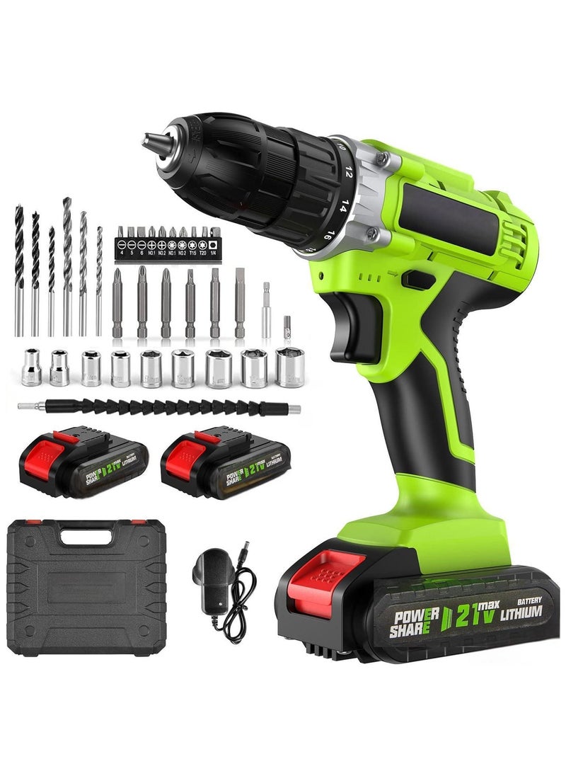 21V Cordless Drill, Power Drill Set with 2 Batteries and Charger, Multifunctional Rechargeable Handheld Electric Screwdriver Electric Drill Drivers Built-in LED, with 2-Speed, 25 Torque Setting