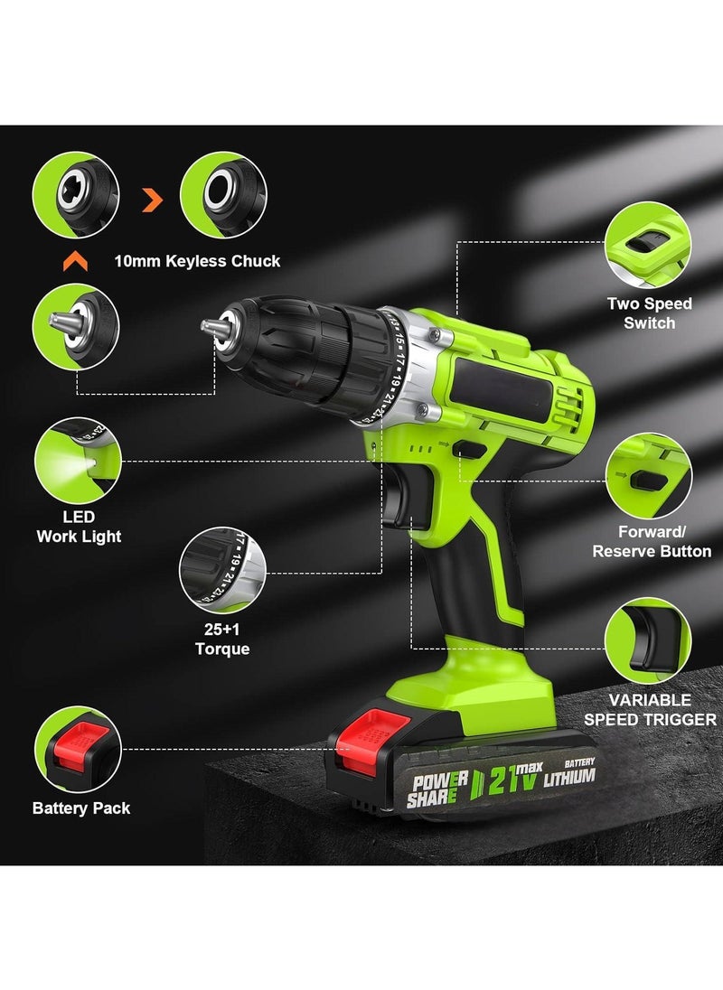 21V Cordless Drill, Power Drill Set with 2 Batteries and Charger, Multifunctional Rechargeable Handheld Electric Screwdriver Electric Drill Drivers Built-in LED, with 2-Speed, 25 Torque Setting