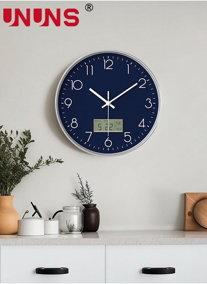 Plastic Frame Wall Clock,Green Rose Gold Frame Digital Wall Clock With Date And Temperature,12 Inch Non-Ticking Round Wall Clock For Home,Decorative Wall Clocks,Blue