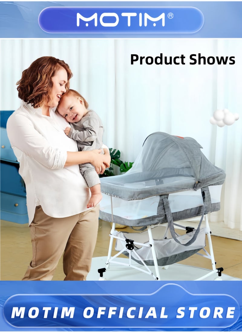 Baby Bedside Crib Portable Newborn Bassinet Bedside Sleeper Portable Infant Travel Crib with Large Storage Basket Mosquito Shade Net and Memory Foam Mattress