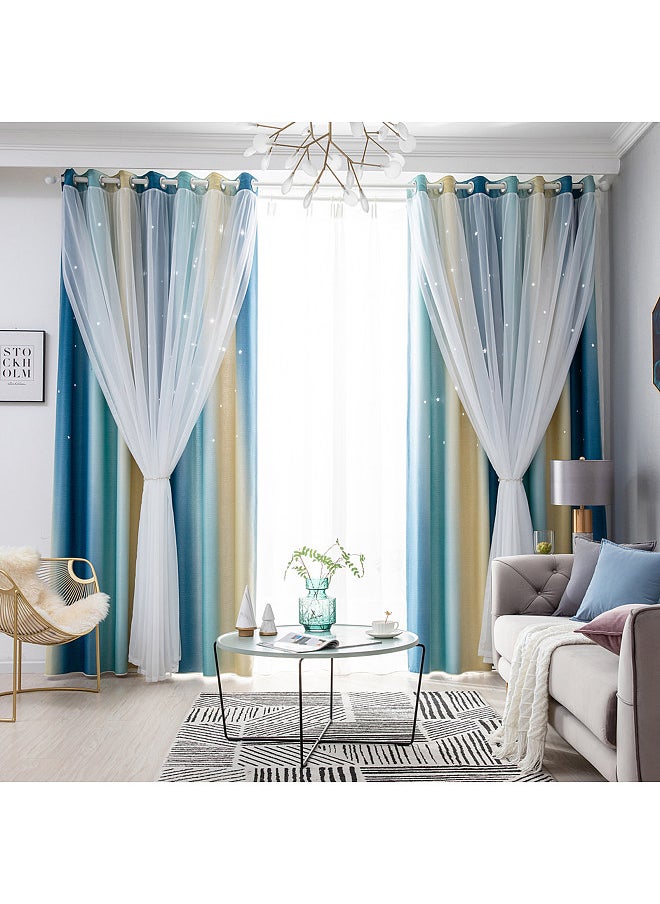 2pc Curtain Simple Gradient Hollow-out Star Pattern Double Layer Blackout Bedroom Living Room Insulation Curtain