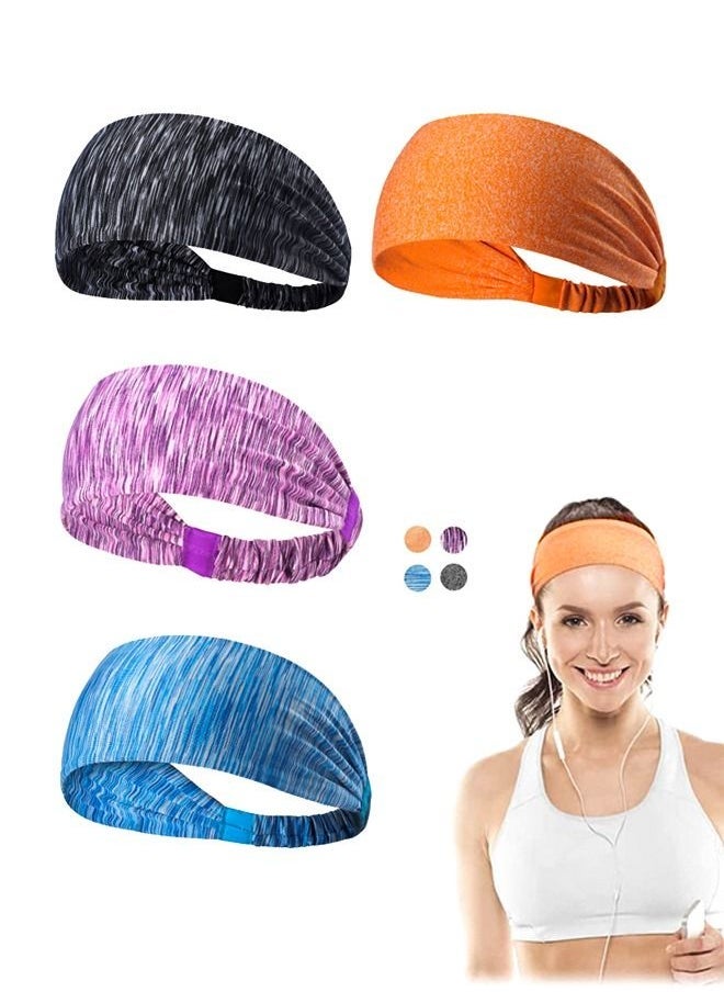 4 Pcs Yoga Workout Sports Non Slip Stripe Headbands, Soft Elastic Sweat Absorbing Breathable Polyester Fabric Headbands, Fitness Exercise Sweat Proof Hair Accessories (Purple+Orange+Gray+Blue)