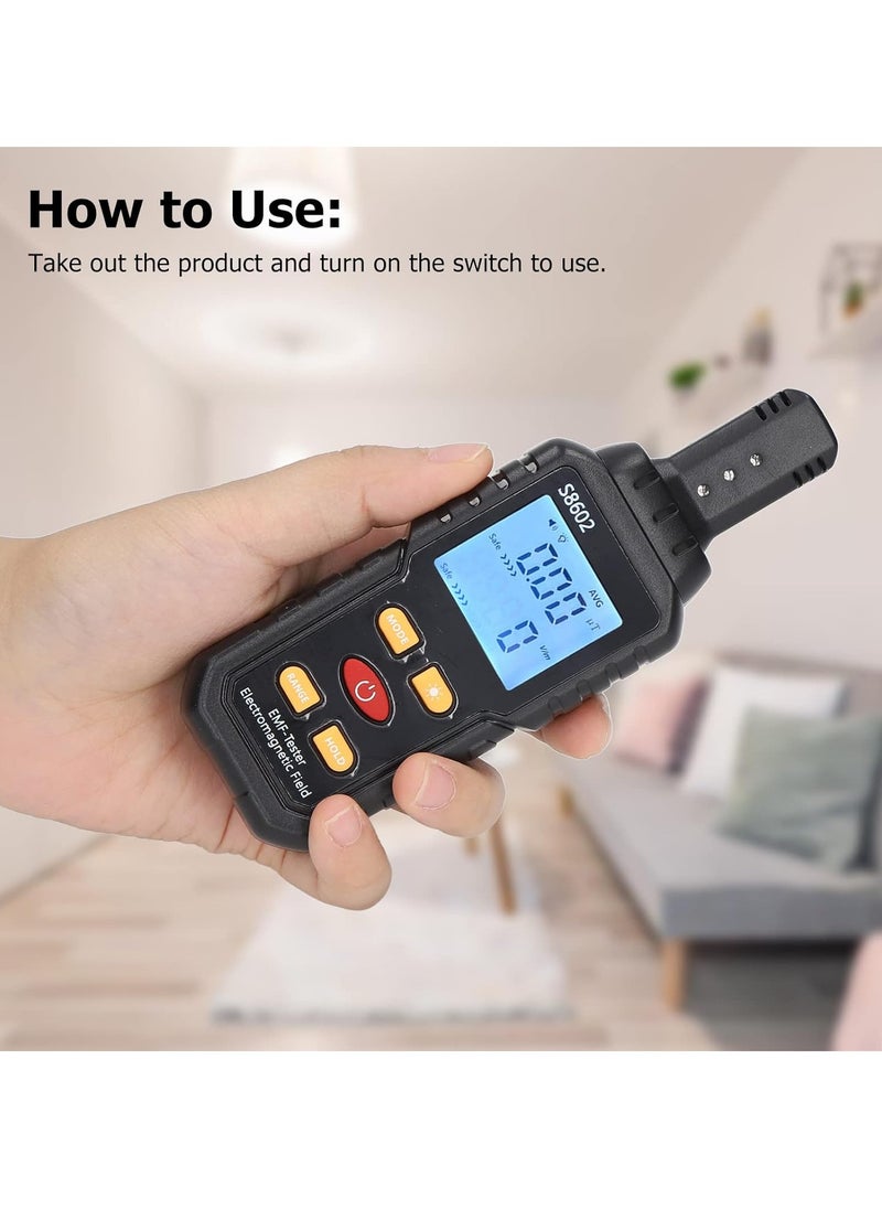 EMF Radiation Detector, S8602 Electromagnetic Field Tester, 5.98 Inch Digital EMF Meter With LCD Display, For Home Appliance Safety Evaluation, Black