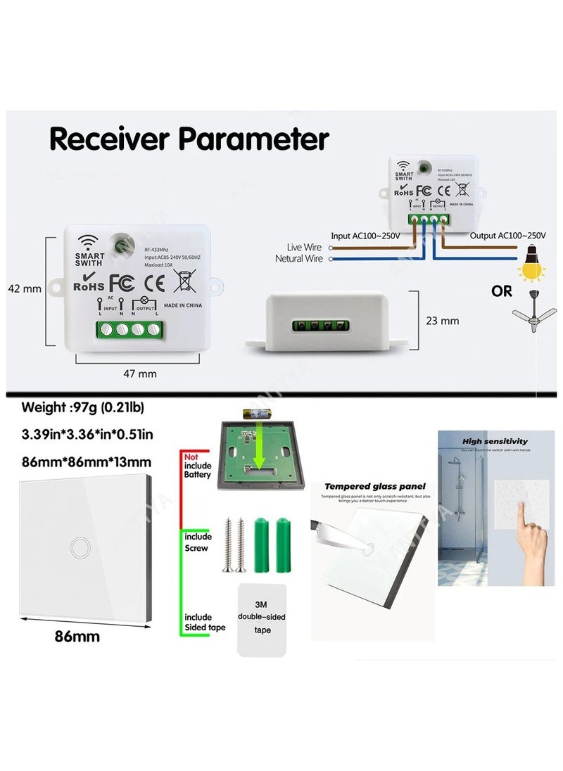 Rf 433Mhz Wireless Push Button Smart Light Switch Remote Control 90-250V 10Amp 1CH RF Relay Receiver Transmitter for Fan Lamp