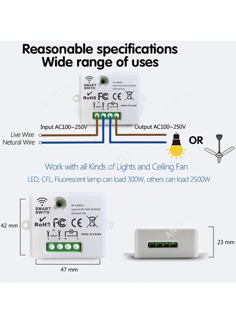 Wireless Light Switch 433Mhz Mini Remote Control,85-250V 10A Smart Relay Receiver, Wall Switch Panel, Led Lamp Fan ﻿