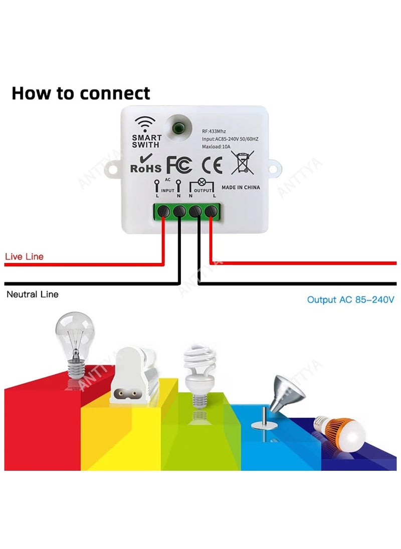 Wireless Light Switch 433Mhz Mini Remote Control,85-250V 10A Smart Relay Receiver, Wall Switch Panel, Led Lamp Fan ﻿