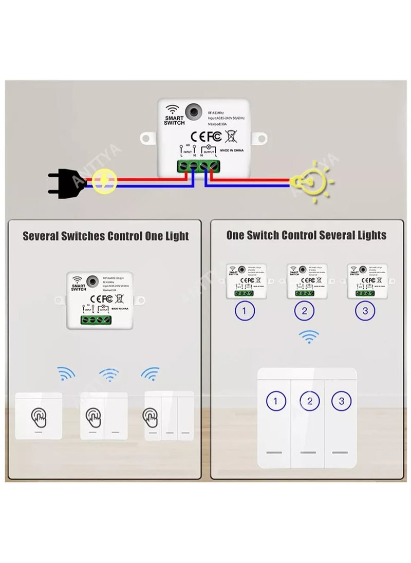 Wireless Light Switch 433Mhz Mini Remote Control,85-250V 10A Smart Relay Receiver, Wall Switch Panel, Led Lamp Fan ﻿