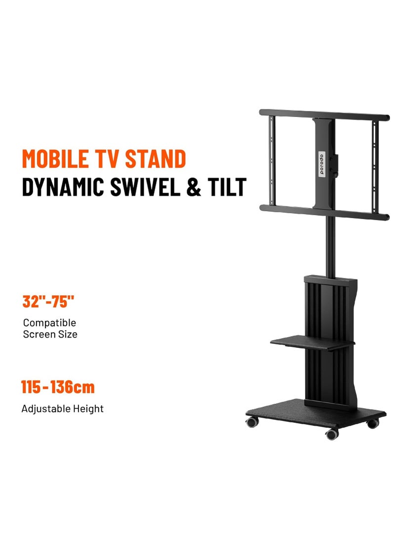 TV Stand Dynamic Swivel & Tilt, Floor TV Stand Trolley for 32” to 75” LCD LED Flat Curved Screen Tilt Height Adjustable TV Stand Mounted with 4 Wheels, Media Shelves Management - Black