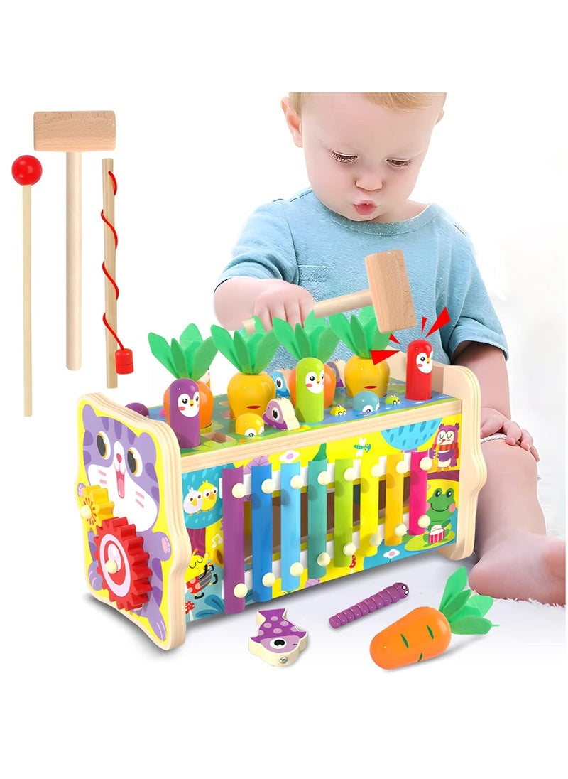 8 in 1 Wooden Montessori Sensory Toys, Fishing Game Hammering Pounding Toy with Carrot Harvest Xylophone Learning Educational Toys Gifts for Boys Girls