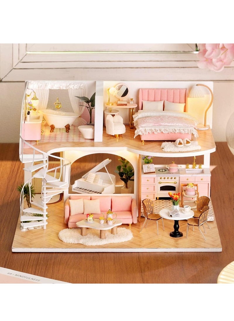 DIY Miniature Dollhouse Kit with Furniture, 1:24 Scale Creative Room Mini Wooden Doll House Accessories Plus Dust Proof & Music Movement for Kids Teens Adults(Whisper in The Morning)