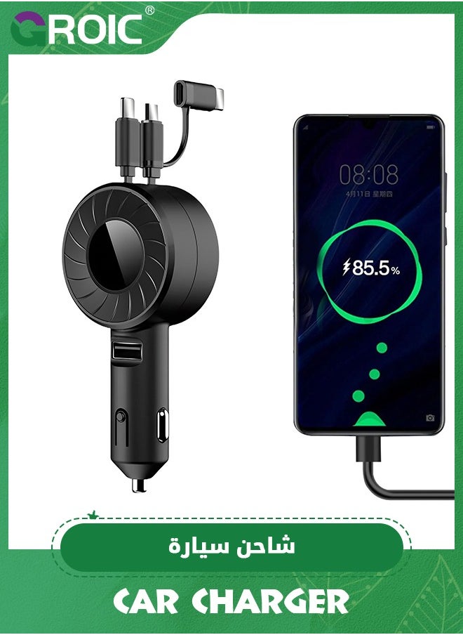 Retractable Car Charger with Retractable Cords, Small Fast Charge Retractable Car Phone Charger for iPhone and Android, Compatible with iPhone 16/15/14/13/12/11 Pro Max Samsung