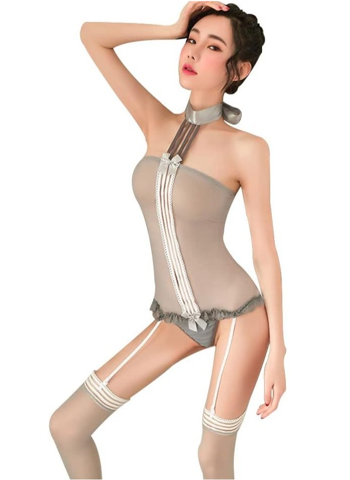 Garter Secretary Cosplay Set Teacher Maid Hollow Out Garter Stockings Uniform Female Halter Perspective Garter Costume Grey / M13 (One Size)
