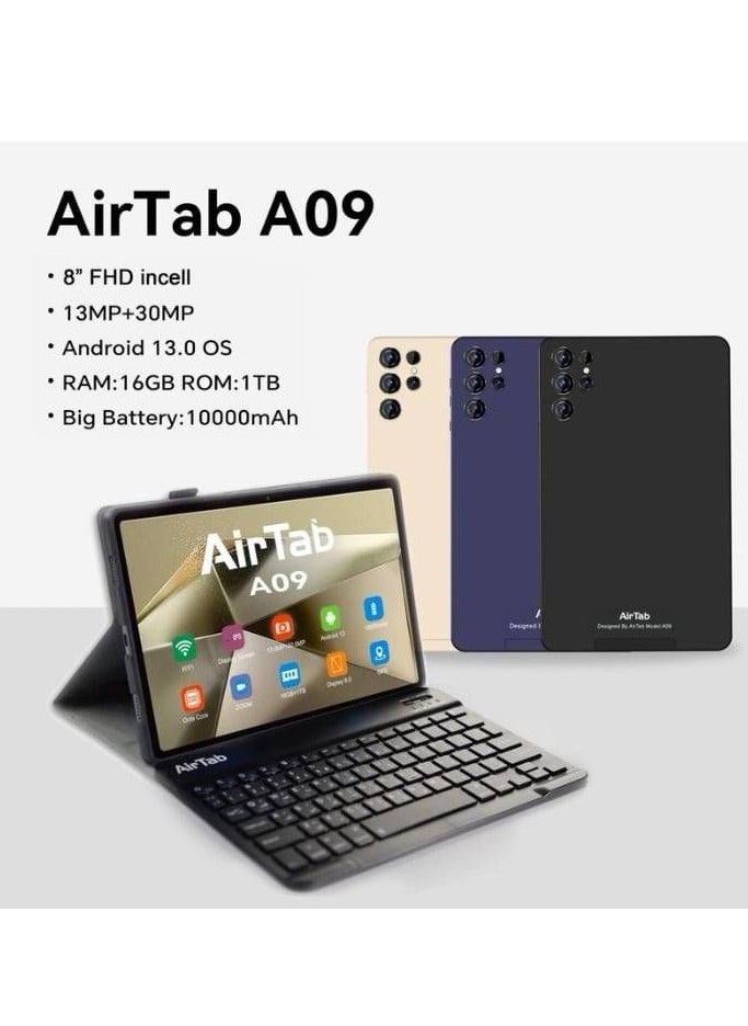 8 -Inch Smart Tablet A09 Android 13 Tablet With 1TB Storage and 16GB RAM Quad Core Wi-Fi LTE Dual Sim with Keyboard - GOLD