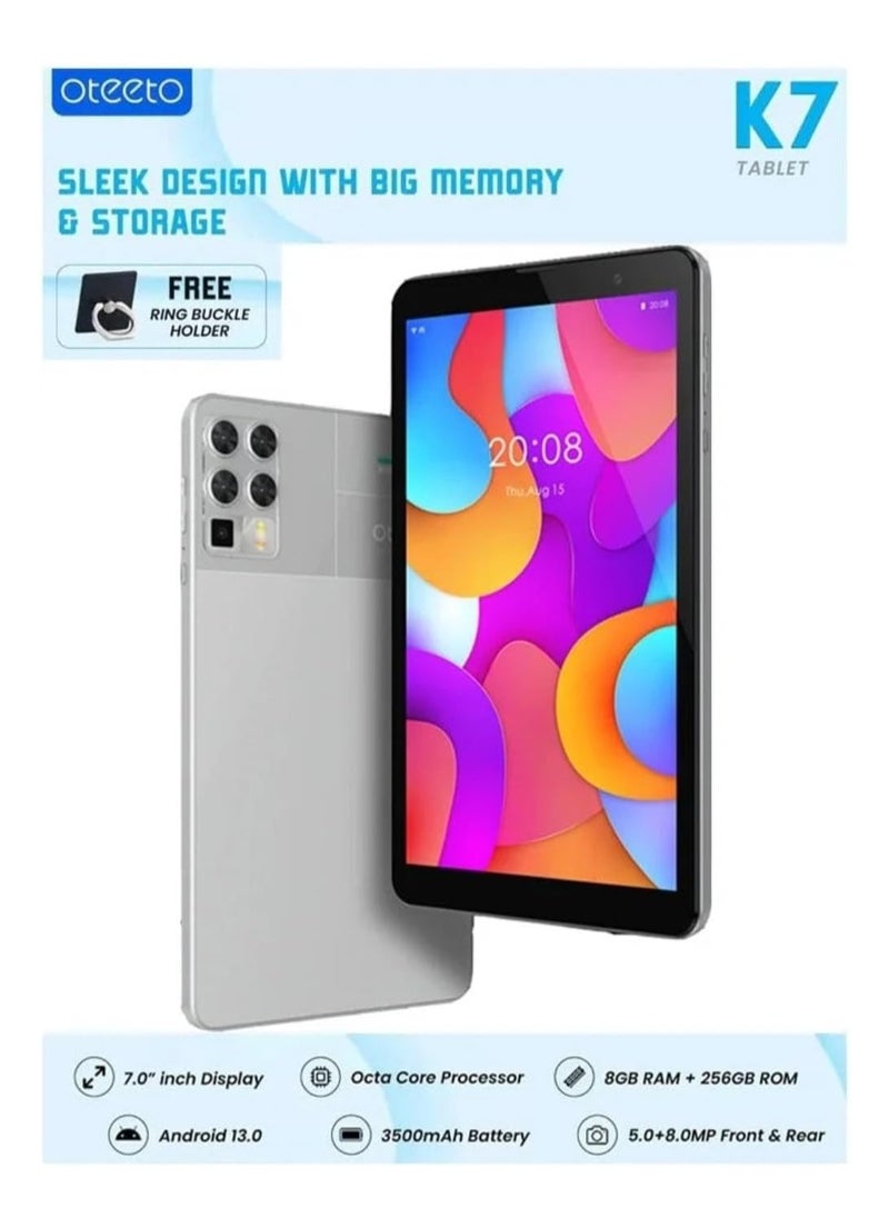 K7 7.0 Inch Android Tablet, 8 GB RAM, 256 GB ROM, 3500 mAh Battery, Octa Core Processor, Android 13.0, 5.0 MP Front Camera - Grey