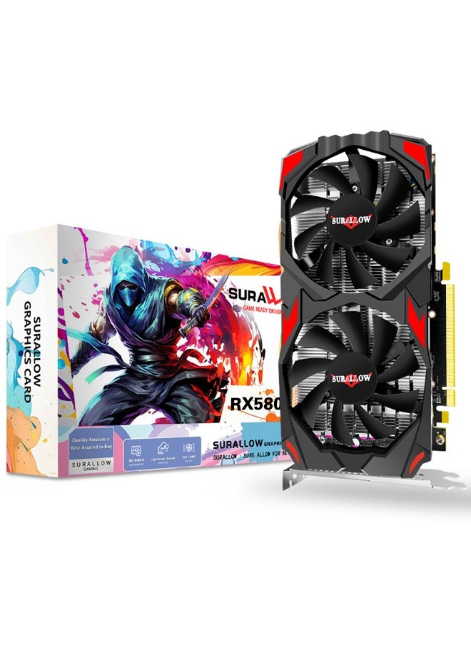 SURALLOW Radeon RX 580 Graphics Card, 2048SP, Real 8GB, GDDR5, 256 Bit, Pc Gaming Video Card, 2XDP, HDMI, PCI Express 3.0 with Freeze Fan Stop for Desktop Computer Gaming Gpu