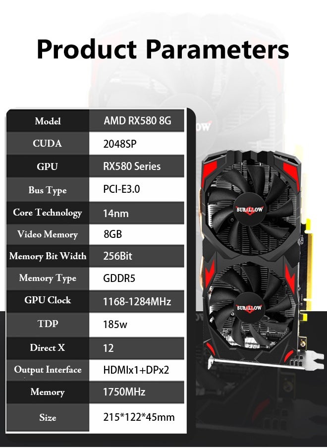 SURALLOW Radeon RX 580 Graphics Card, 2048SP, Real 8GB, GDDR5, 256 Bit, Pc Gaming Video Card, 2XDP, HDMI, PCI Express 3.0 with Freeze Fan Stop for Desktop Computer Gaming Gpu