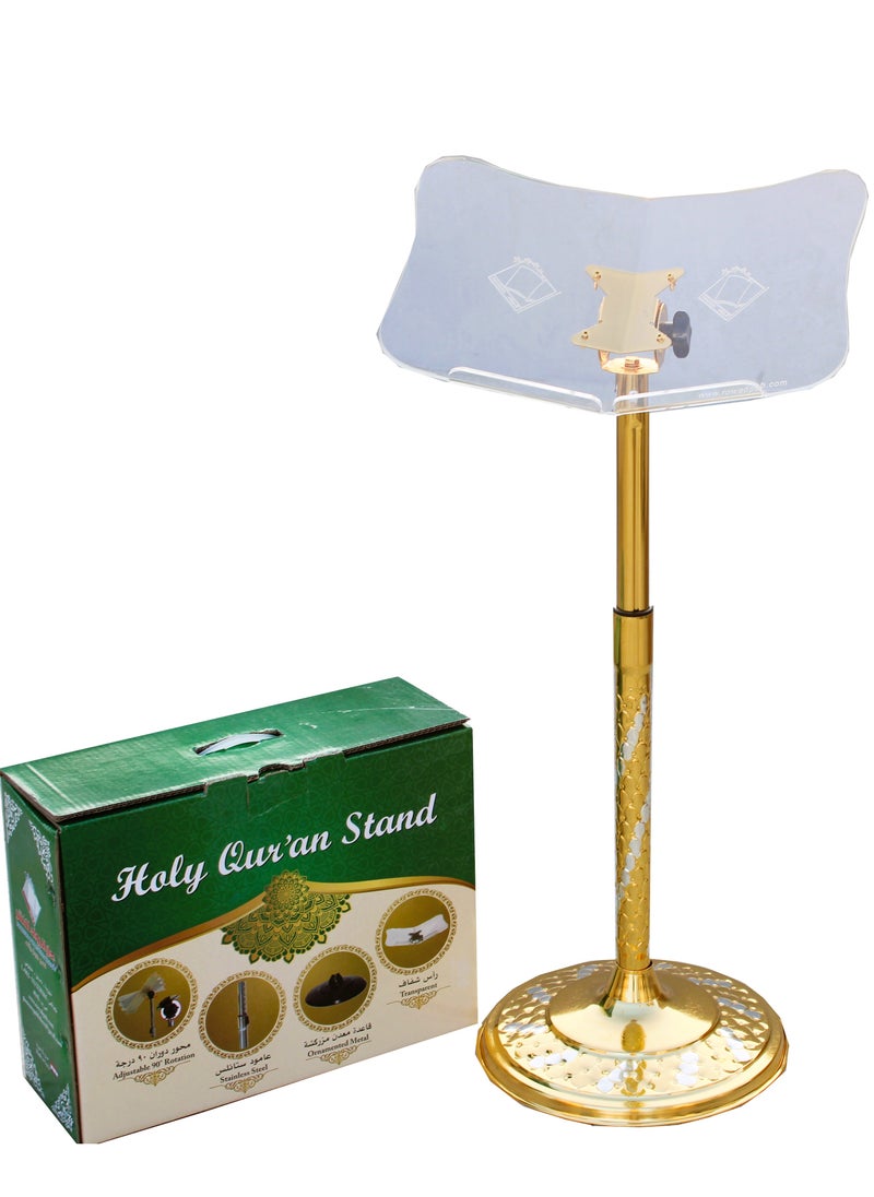 The distinctive Quran holder has a head made of golden acrylic material and is plated in a distinctive golden color. Its height can be adjusted from 50 to 95 cm. Transparent golden.