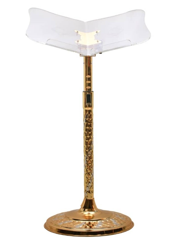 The distinctive Quran holder has a head made of golden acrylic material and is plated in a distinctive golden color. Its height can be adjusted from 50 to 95 cm. Transparent golden.