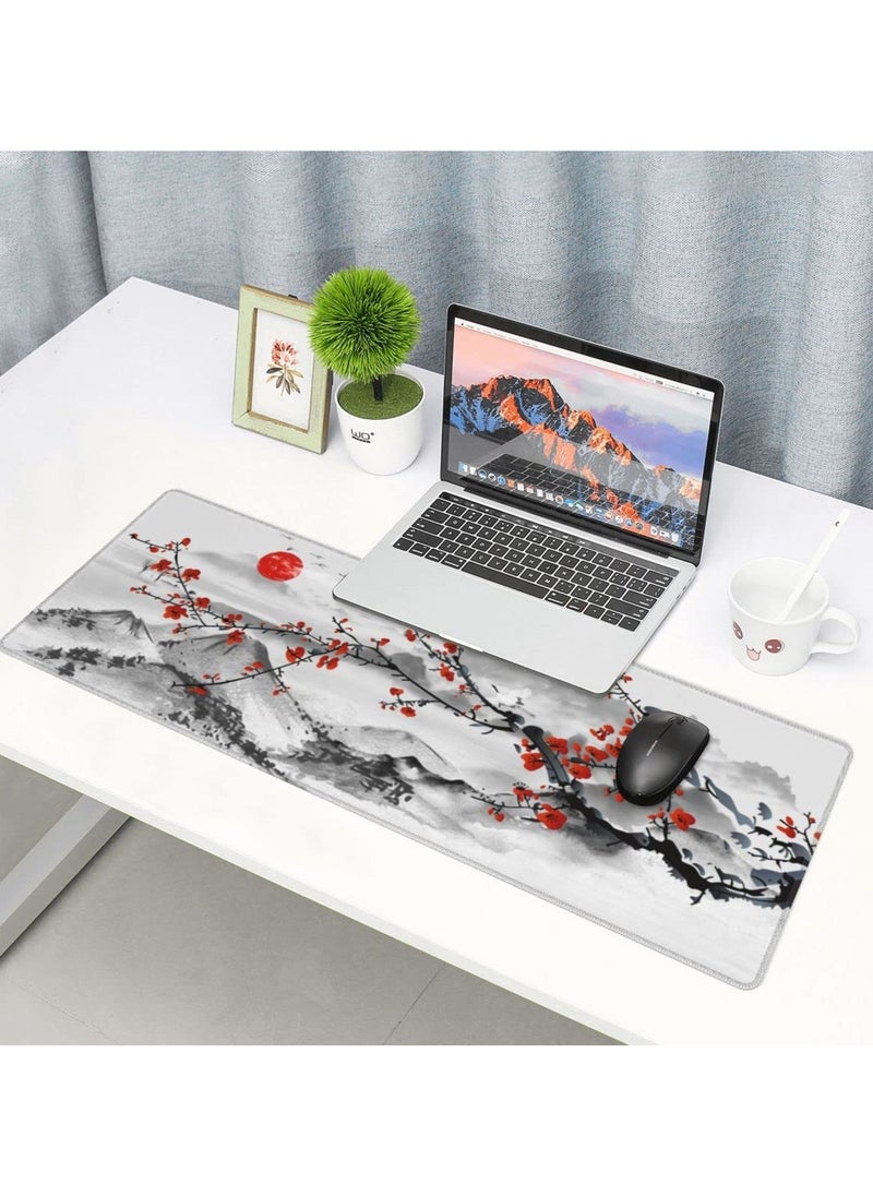 Japanese Sakura Cherry Blossom Mouse Pad XXL Full Desk Mousepad Extended Large Non-Slip Rubber Base Big Keyboard Mat with Stitched Edges for Gaming and Office（31.5 X 11.8 Inch 3mm）