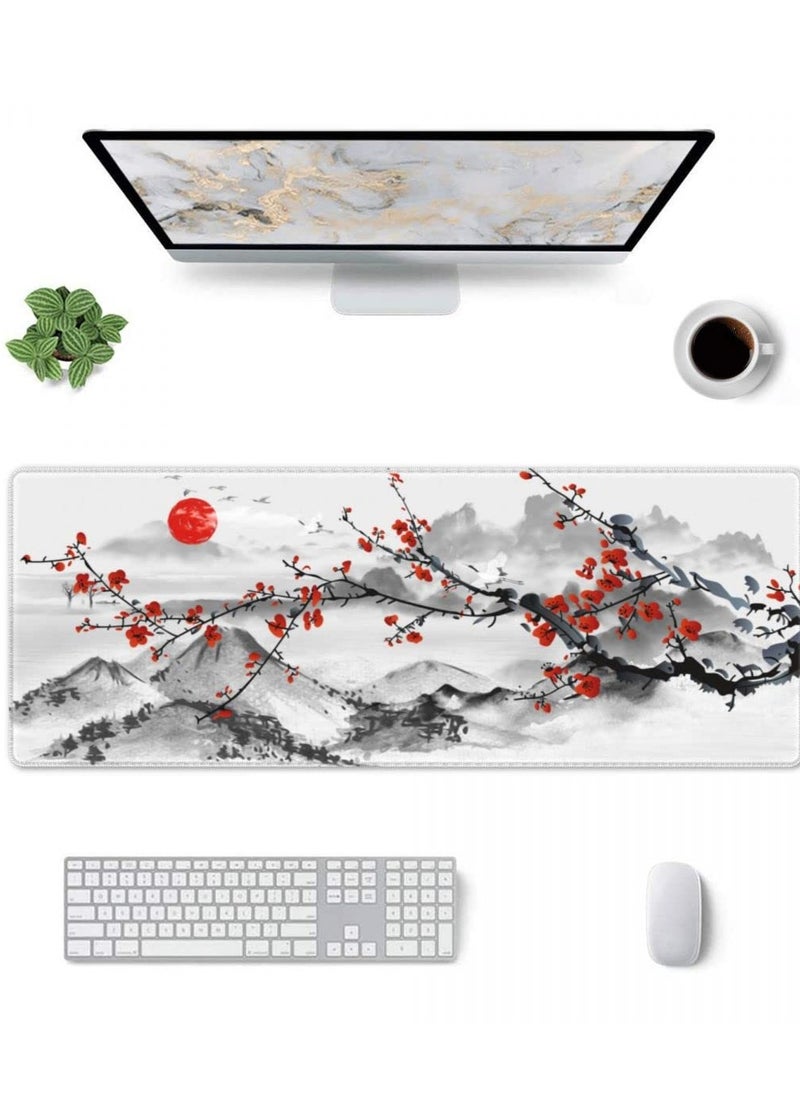 Japanese Sakura Cherry Blossom Mouse Pad XXL Full Desk Mousepad Extended Large Non-Slip Rubber Base Big Keyboard Mat with Stitched Edges for Gaming and Office（31.5 X 11.8 Inch 3mm）