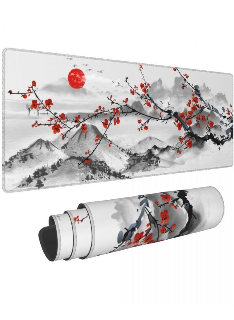 Japanese Sakura Cherry Blossom Mouse Pad XXL Full Desk Mousepad Extended Large Non-Slip Rubber Base Big Keyboard Mat with Stitched Edges for Gaming and Office（31.5 X 11.8 Inch 3mm）