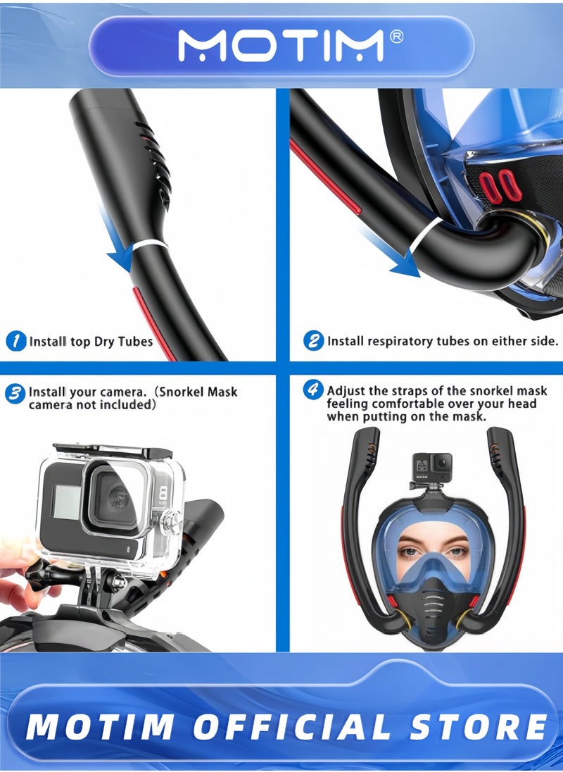 Full Face Snorkel Mask Dry Top Breathing System Double-Tube Set with Camera Mount Anti-Leak Swimming Mask for Adults Youth Kids (S-M)