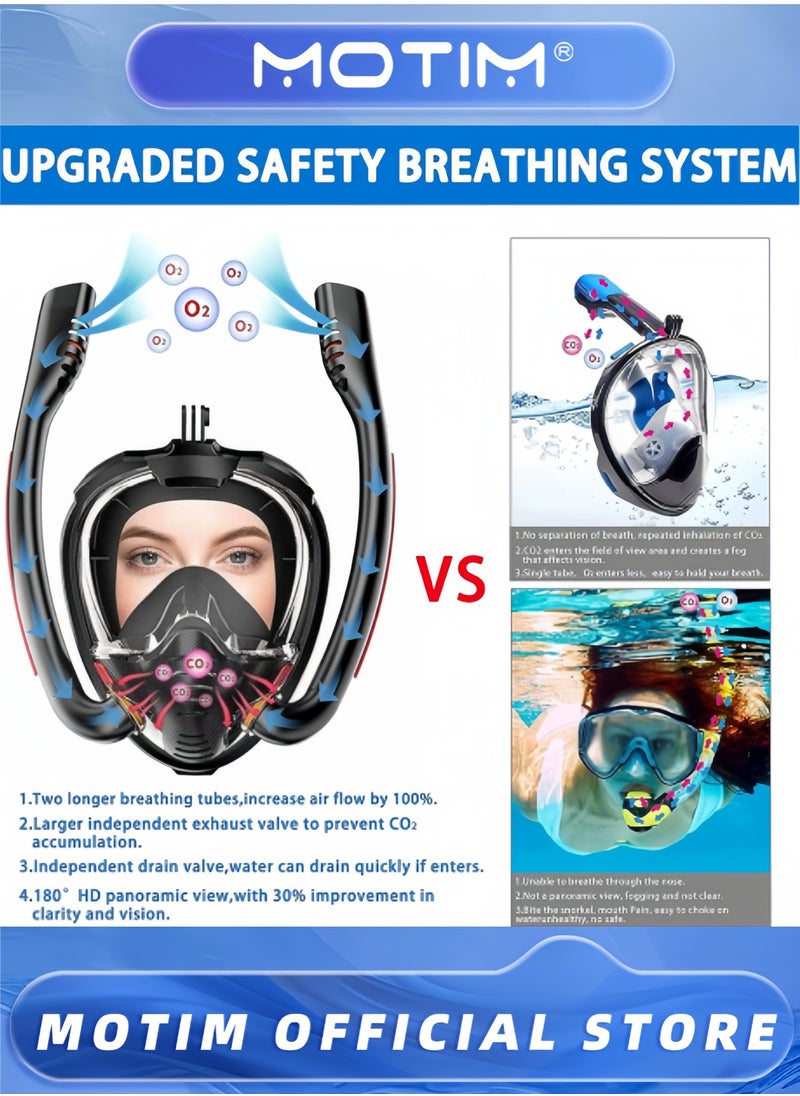 Full Face Snorkel Mask Dry Top Breathing System Double-Tube Set with Camera Mount Anti-Leak Swimming Mask for Adults Youth Kids (S-M)