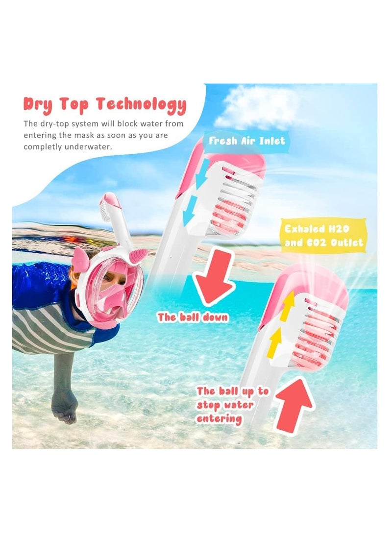 Full Face Snorkel Mask 180° Panoramic View Dry Top Snorkeling Gear for Kids Anti Fog Anti Leak Diving Mask with Double Air Flows Way for Aged 4-15 Years Kids