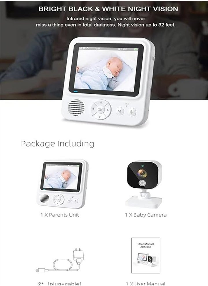 2.8 inch baby monitor with camera, rechargeable battery, 10x digital zoom, two-way talkback, VOX mode, night vision, temperature monitoring, lullaby