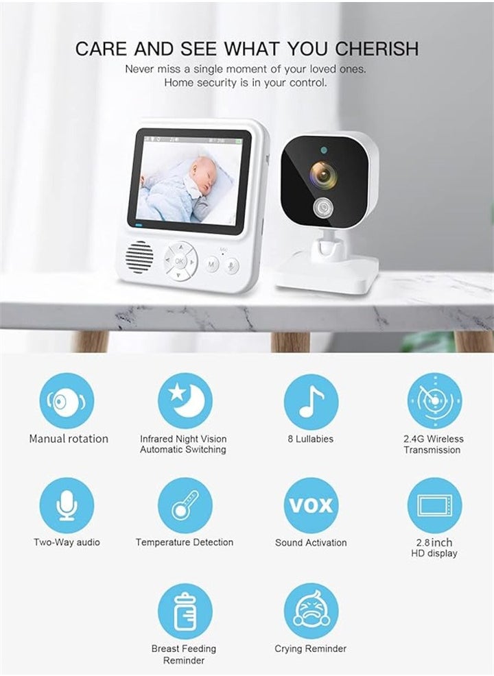2.8 inch baby monitor with camera, rechargeable battery, 10x digital zoom, two-way talkback, VOX mode, night vision, temperature monitoring, lullaby
