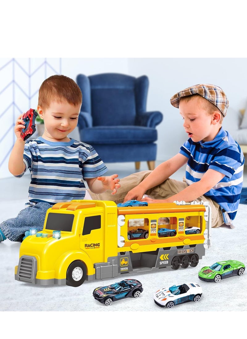 Transport Car Carrier Truck Toys for Kids, Transforms Race Track Playset with Lights Sounds, Ultimate City Transporter with 6 Cars, Birthday Gifts Toys for Boys Girls