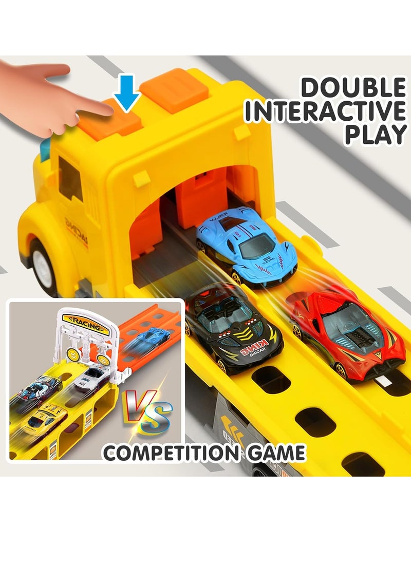 Transport Car Carrier Truck Toys for Kids, Transforms Race Track Playset with Lights Sounds, Ultimate City Transporter with 6 Cars, Birthday Gifts Toys for Boys Girls