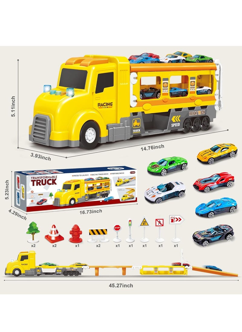 Transport Car Carrier Truck Toys for Kids, Transforms Race Track Playset with Lights Sounds, Ultimate City Transporter with 6 Cars, Birthday Gifts Toys for Boys Girls