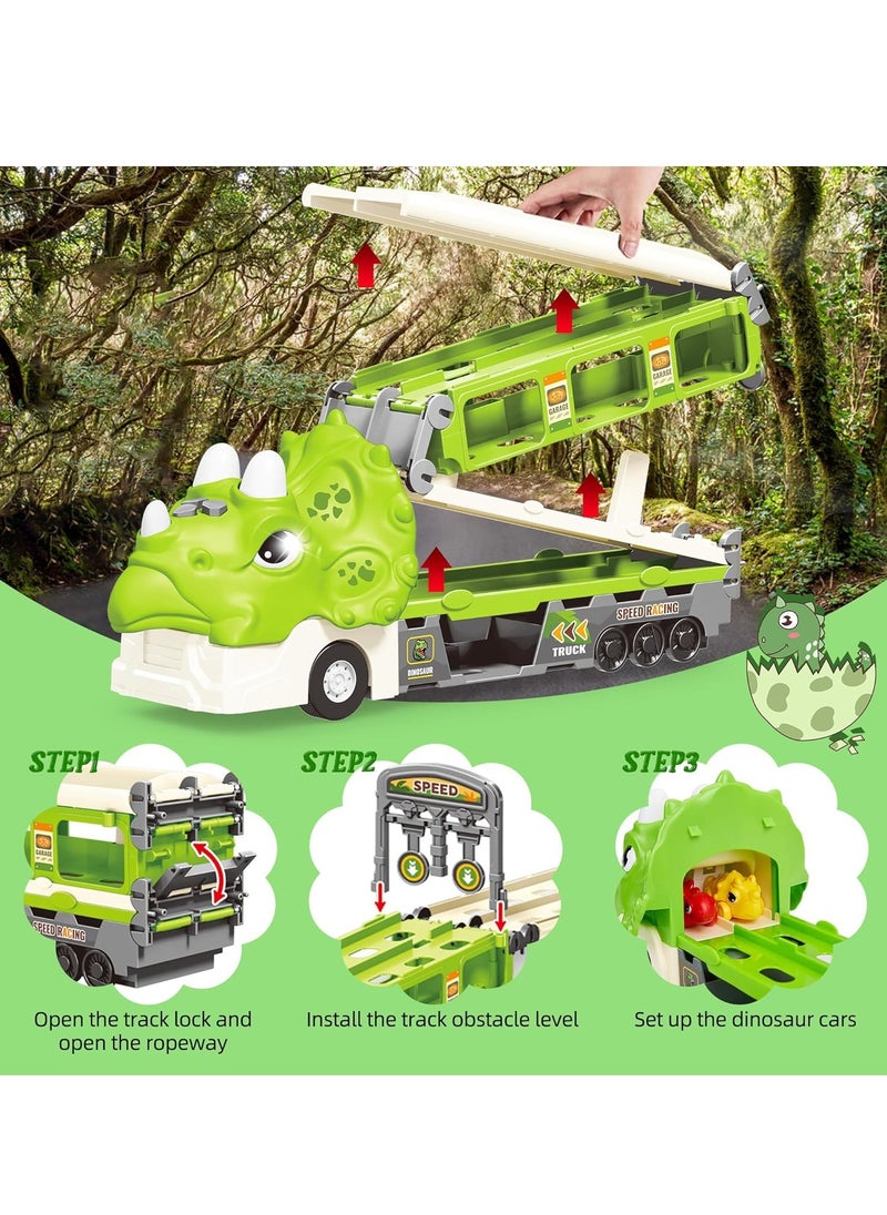 Dinosaur Truck Toys for Kids, Triceratop Transport Carrier with Folding Race Track and 6 Race Car, Dinosaur Play Set with Flashing Lights and Sounds Birthday Gifts