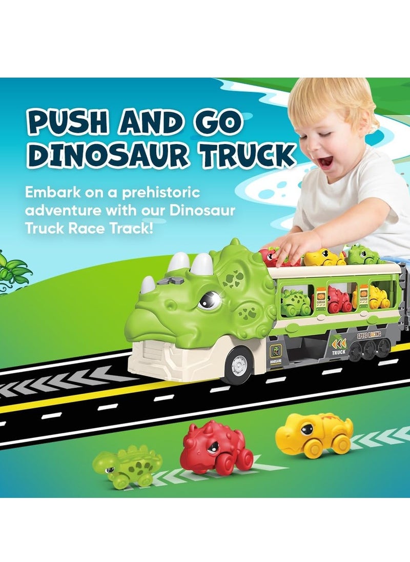 Dinosaur Truck Toys for Kids, Triceratop Transport Carrier with Folding Race Track and 6 Race Car, Dinosaur Play Set with Flashing Lights and Sounds Birthday Gifts