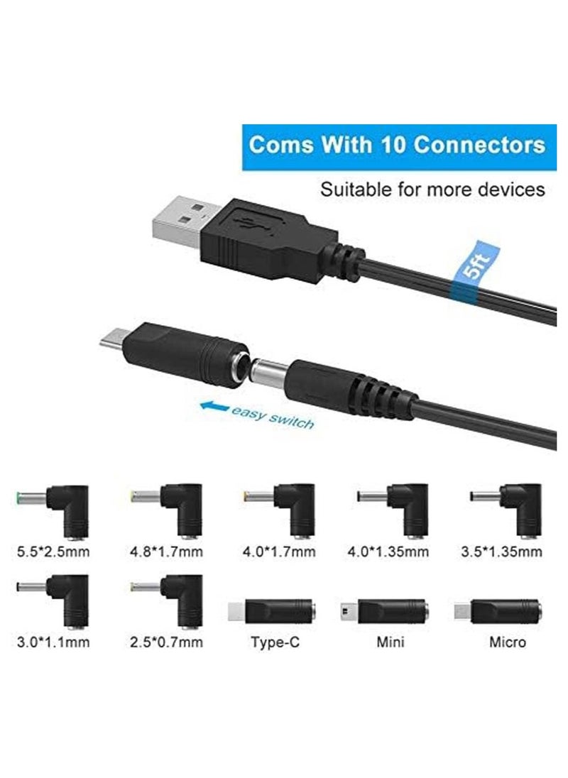 USB to DC 5-V Power Cord, Universal DC 5.5x2.1mm Plug Jack Charging Cable with 10 Connector Tips(5.5*2.5, 4.8*1.7, 4.0*1.7, 4.0*1.35, 3.5*1.35, 3.0*1.1, 2.5*0.7, Micro USB, Type-C, Mini USB)