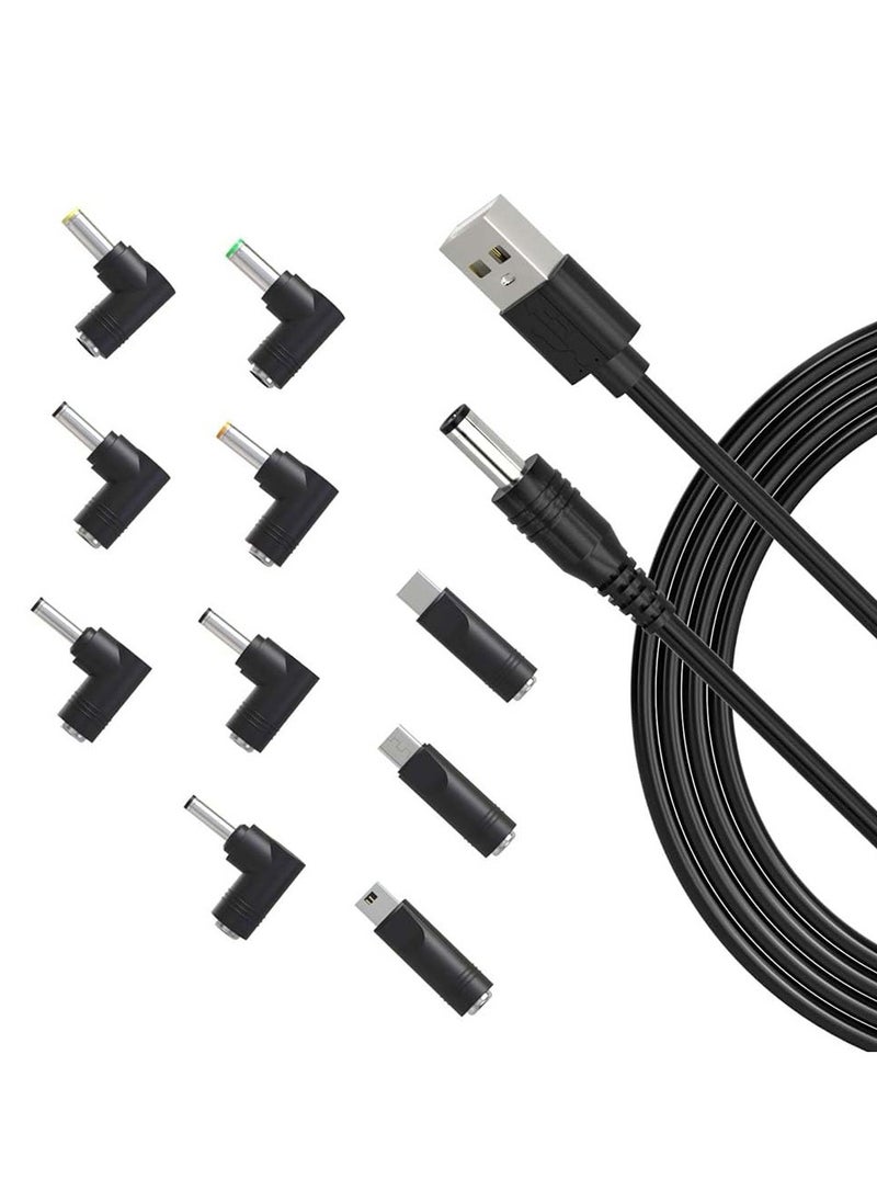 USB to DC 5-V Power Cord, Universal DC 5.5x2.1mm Plug Jack Charging Cable with 10 Connector Tips(5.5*2.5, 4.8*1.7, 4.0*1.7, 4.0*1.35, 3.5*1.35, 3.0*1.1, 2.5*0.7, Micro USB, Type-C, Mini USB)