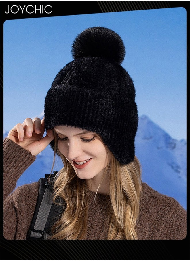 Korean Version Autumn and Winter Versatile Beanie Hat Ear Protection Knit Hat for Women Black