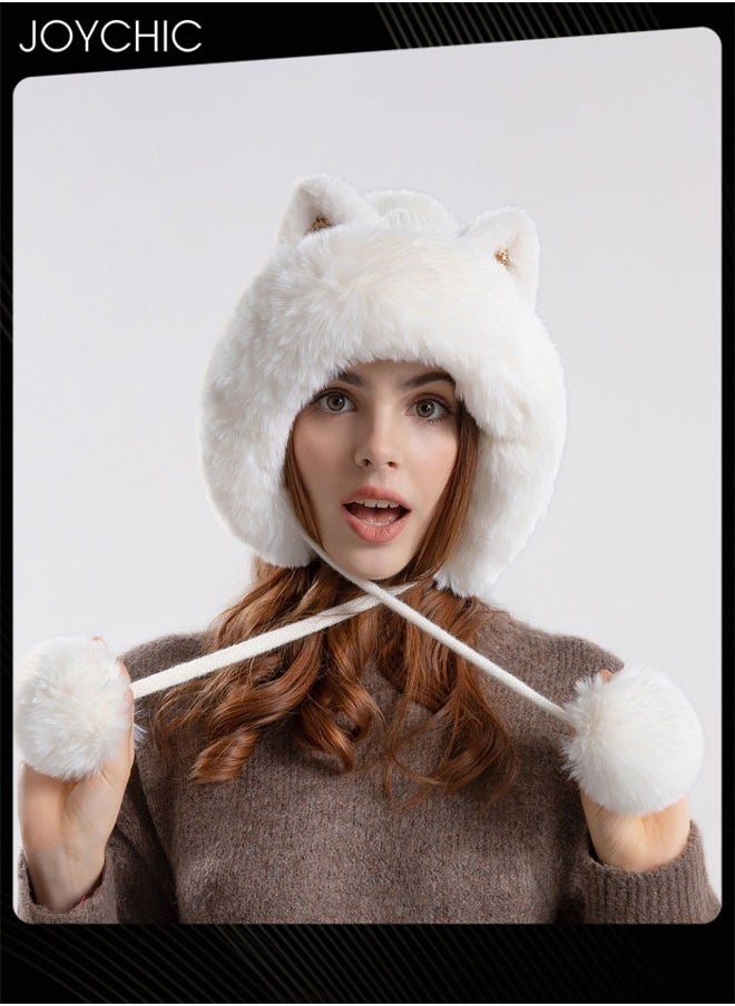 Winter Lovely Knitted Hat for Women Cartoon Cat Ears Design Ear Protection Thickened Warm Hat Outdoor Windproof