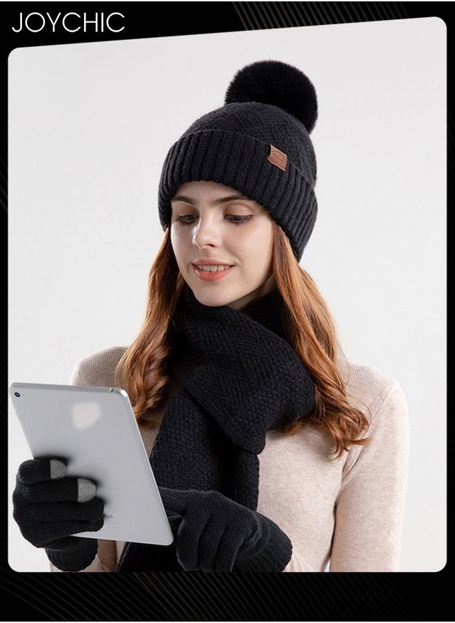 Korean Version Winter Beanie Scarf Set for Women Outdoor Windproof Warm Hat+Scarf+Glove Black