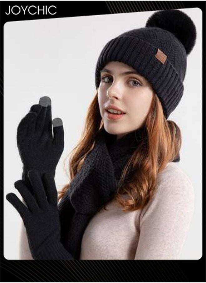 Korean Version Winter Beanie Scarf Set for Women Outdoor Windproof Warm Hat+Scarf+Glove Black