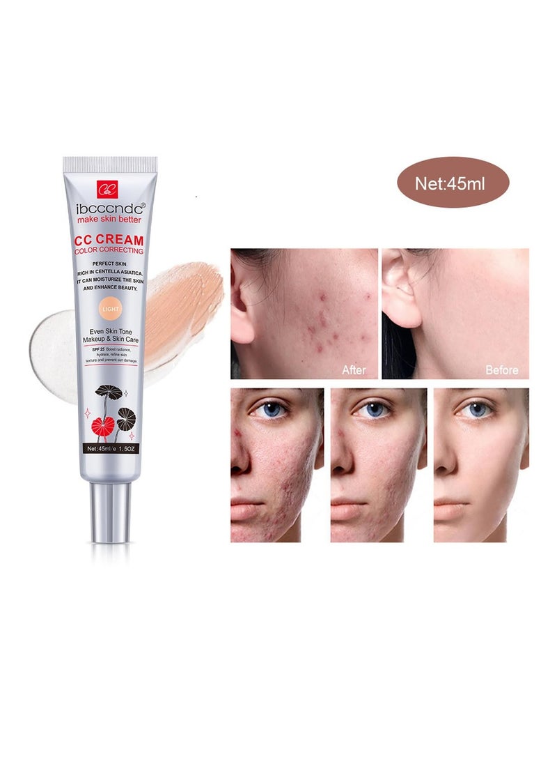 Color Correcting CC Cream with SPF 25,Full-Coverage Foundation,Hydrating Serum,Refine Skin Texture, Avoid Sun Damage (Light, 45 ml)