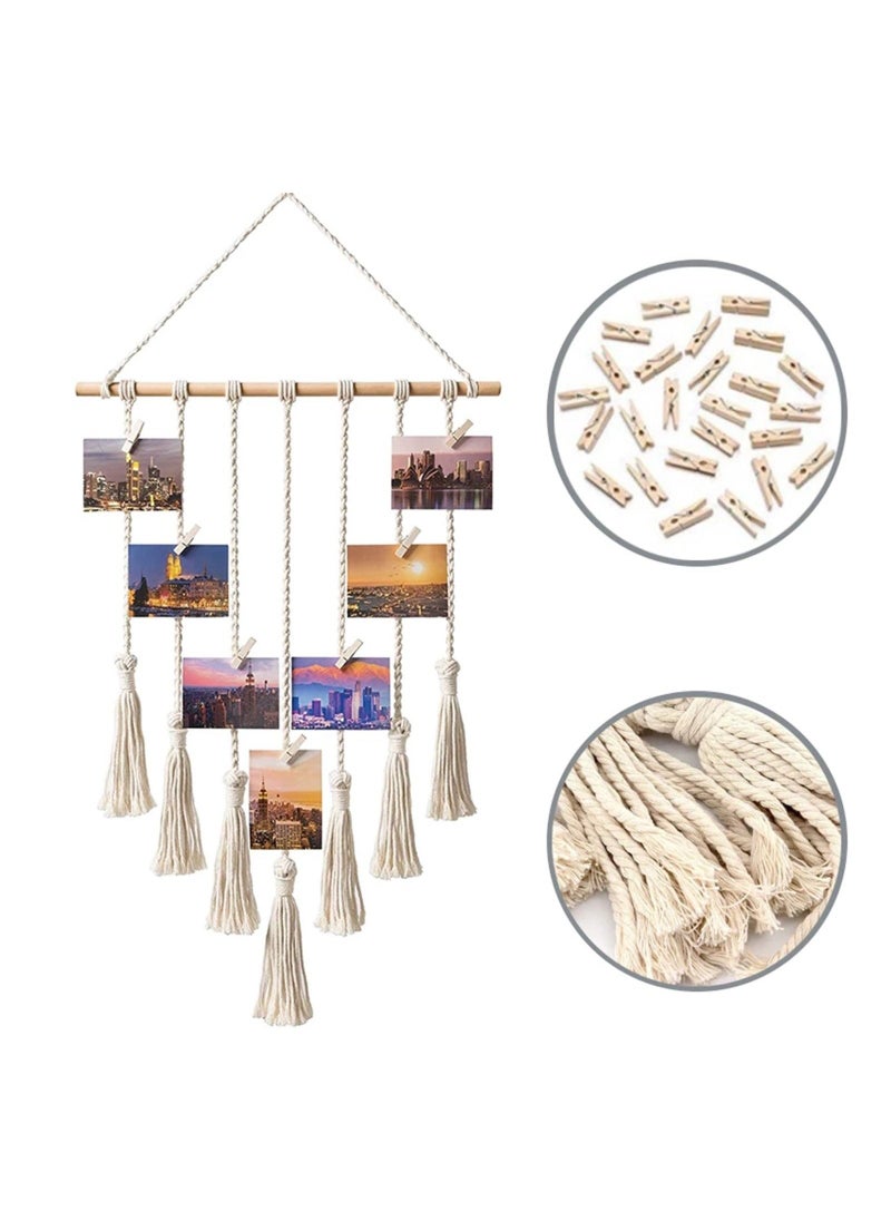 Macrame Wall Hanging Photo Card Display With Wood Clips Hanging Pictures Organizer Bohemian Handmade Woven Tapestry Home Decor, 27