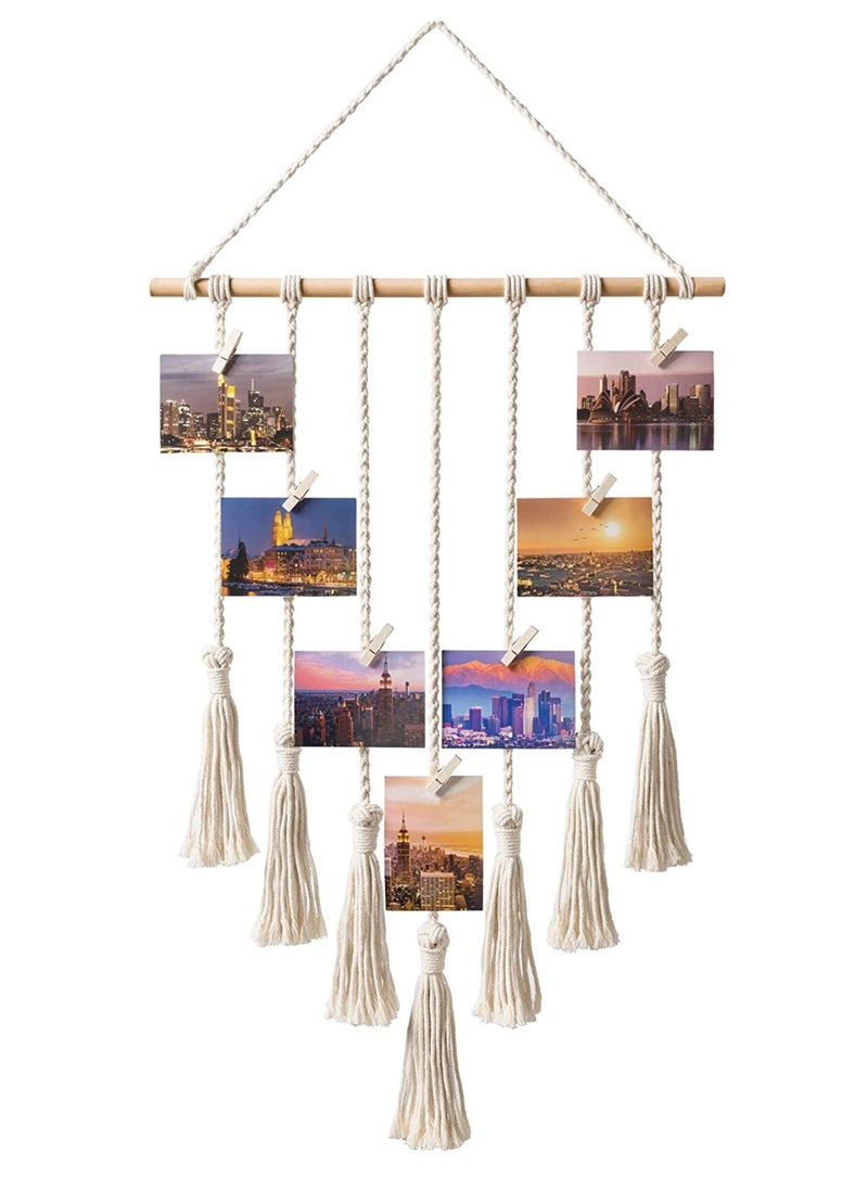 Macrame Wall Hanging Photo Card Display With Wood Clips Hanging Pictures Organizer Bohemian Handmade Woven Tapestry Home Decor, 27